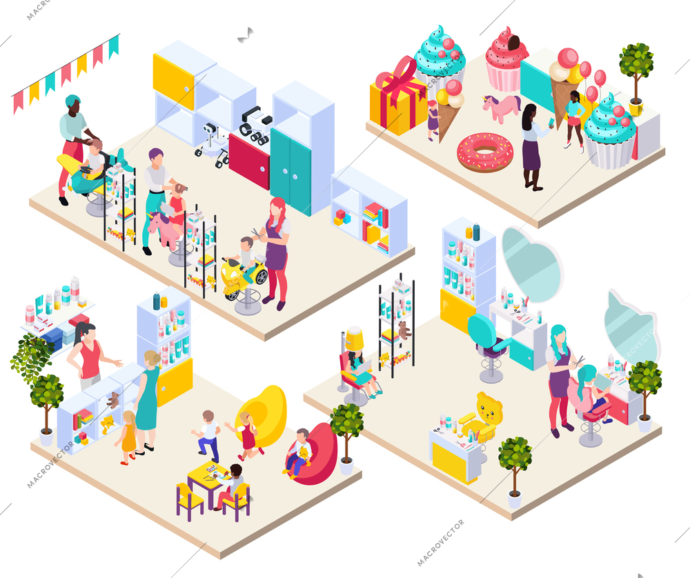 Children hairdresser beauty salon isometric composition with set of platforms with rooms furniture and human characters vector illustration