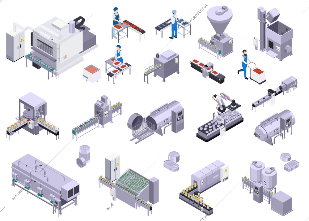 Set of isolated canned food production isometric icons with factory facilities lines storage tanks and workers vector illustration