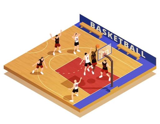 Basketball isometric composition with characters of playing team members jumping raising hands throwing ball into basket vector illustration