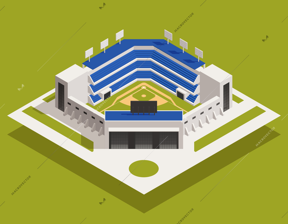 Baseball isometric composition with isolated view of stadium building with stands and seats with ball field vector illustration