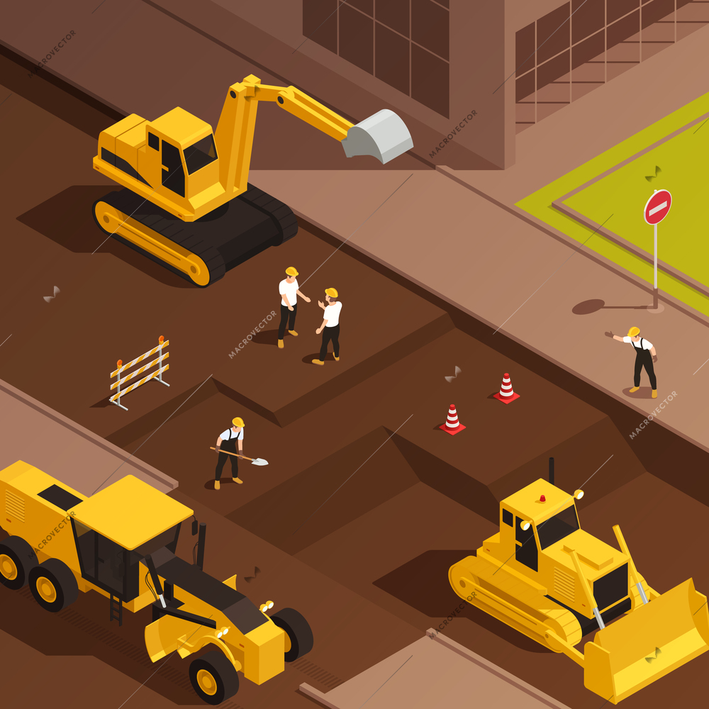 Road construction isometric composition with characters of workers on street with operating road machinery vector illustration