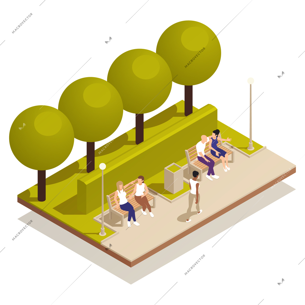 Sitting people isometric composition with view of city park with trees and human characters on benches vector illustration