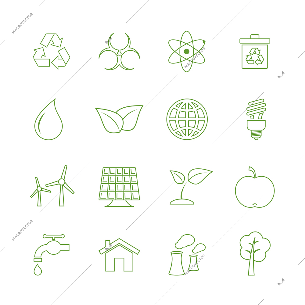 Green ecology icons set biofuel renewable power and pollution isolated vector illustration