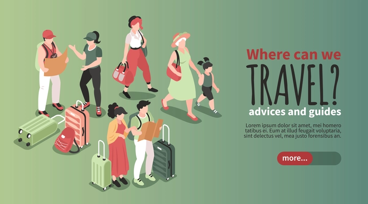 Isometric travel people horizontal banner with human characters of passengers with bags text and more button vector illustration