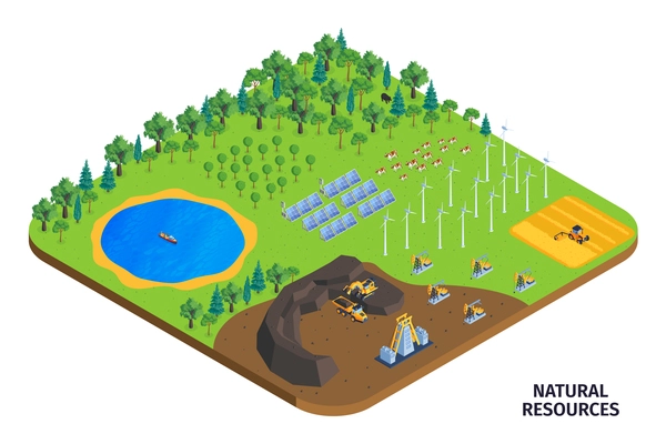 Natural resources solar panels wind turbines water forest livestock ore mine oil extracting isometric composition vector illustration