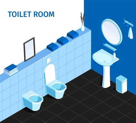 Bathroom interior corner isometric view with wash basin sink mirror flush toilet urinal trash can vector illustration