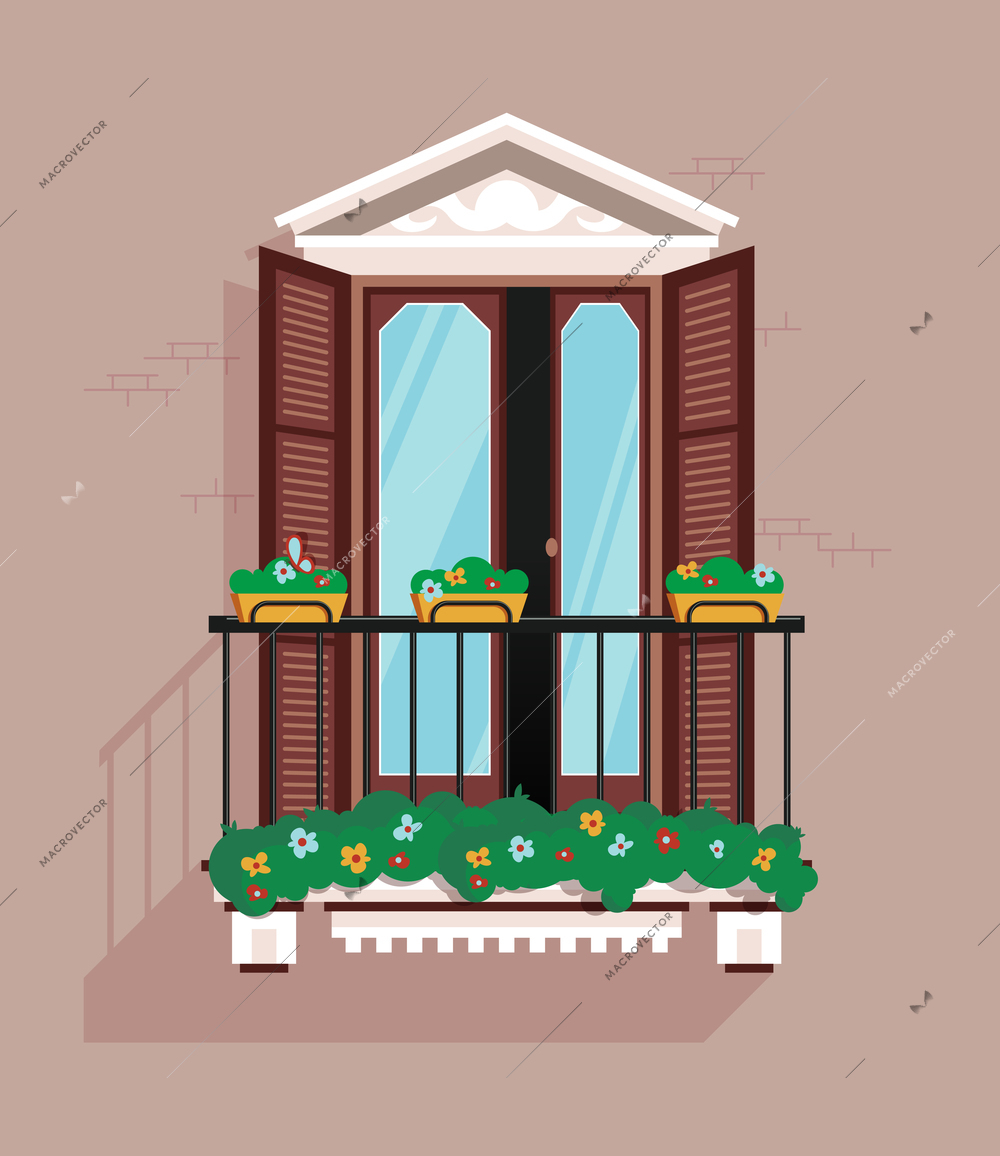 Classic balcony with steel railings on a gray wall flat vector illustration