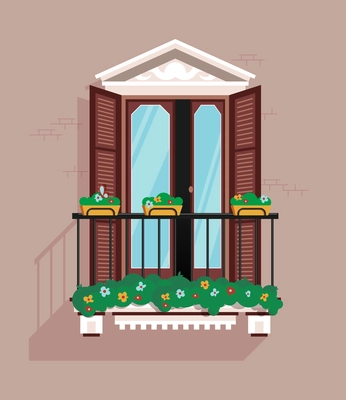 Classic balcony with steel railings on a gray wall flat vector illustration
