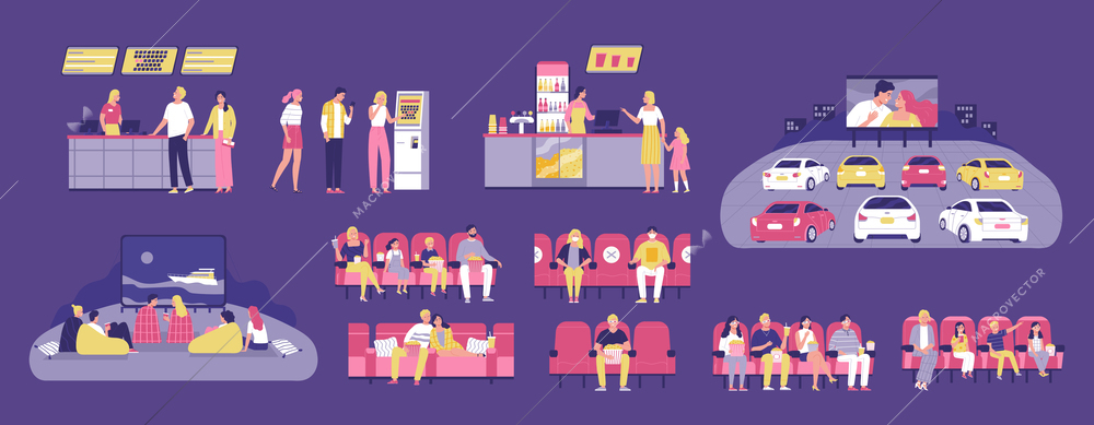People buy tickets watch movies and communicate with each other set flat isolated vector illustration