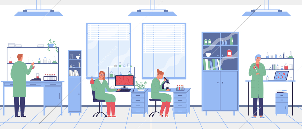 Four scientists are working in a laboratory with equipment and furniture flat vector illustration