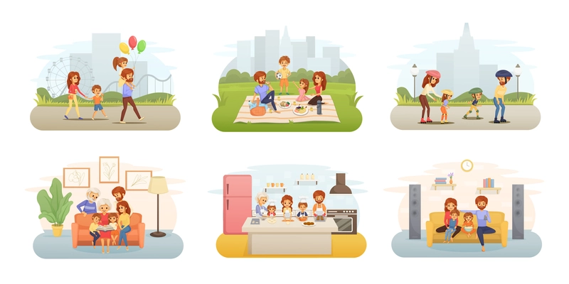 Family holidays flat cartoon icon set children and their parents visit the amusement park have a picnic go roller skating watch TV together cook and read books