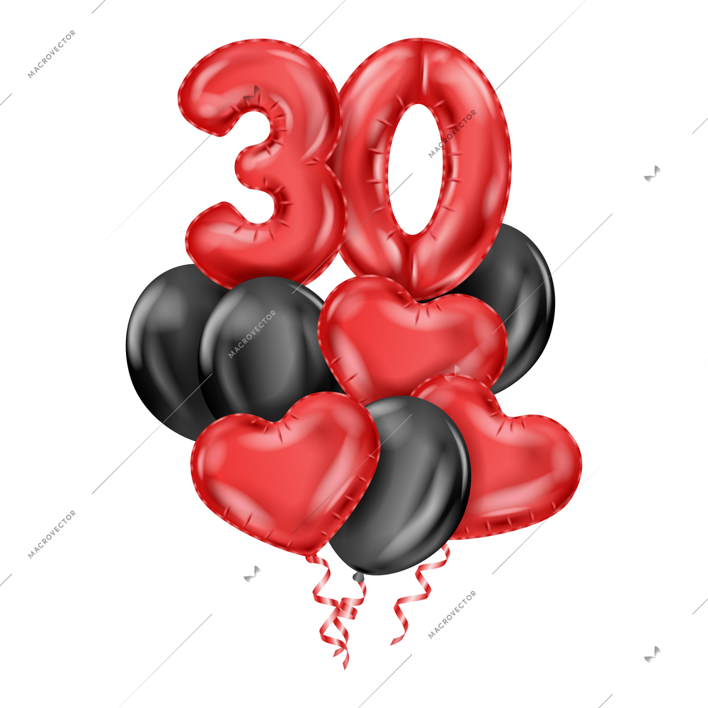 Anniversary balloons realistic colored composition with red and black balloon set hearts and numbers vector illustration