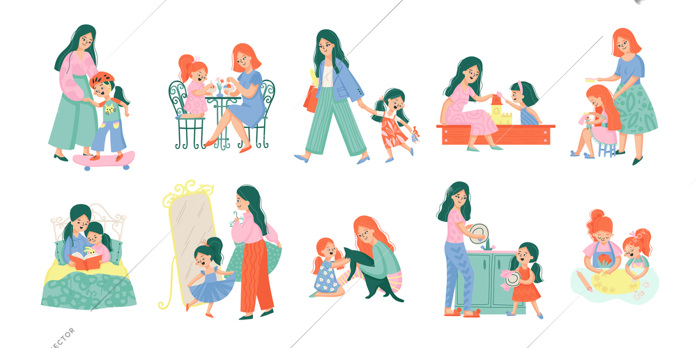 Mother and daughter color set of isolated compositions with characters of adult mom and baby child vector illustration