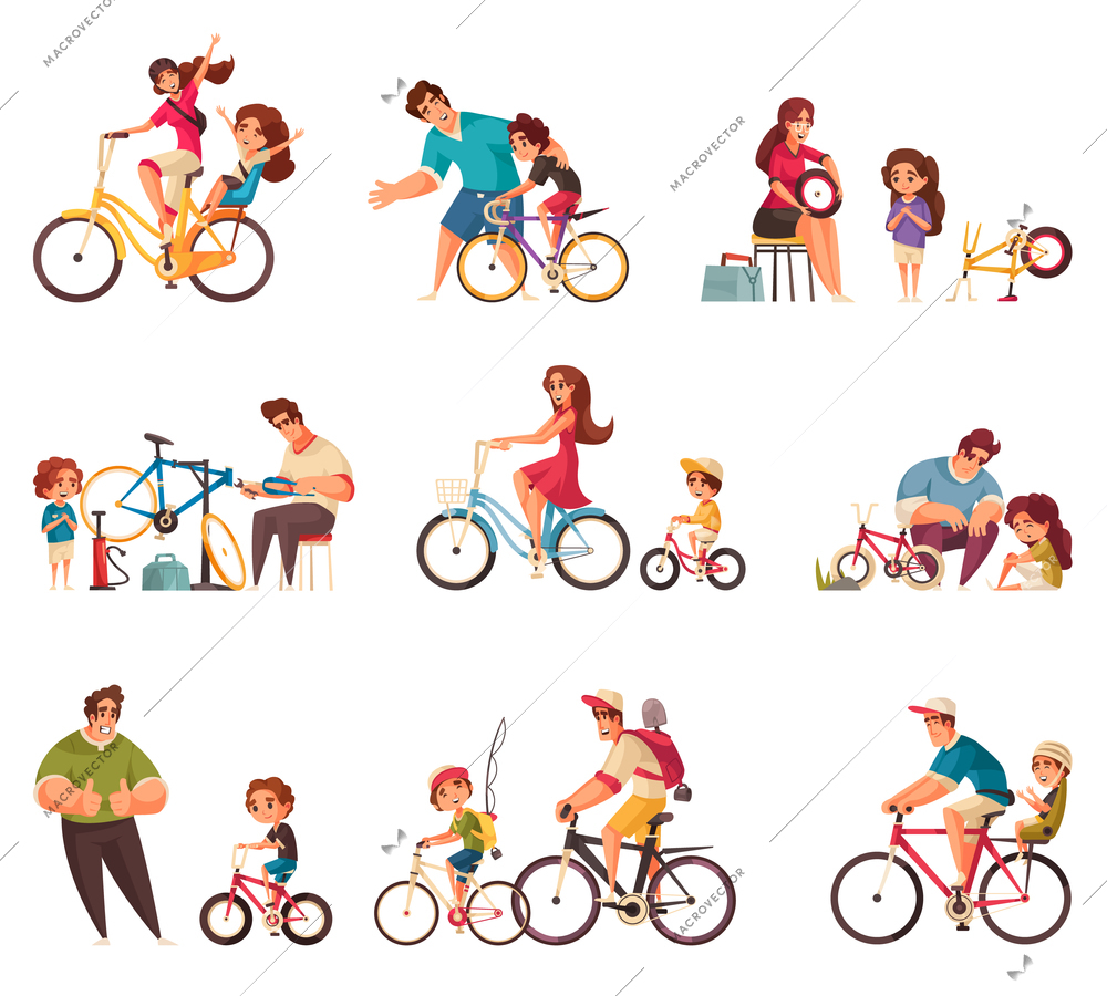 Cycle family icons set with sport and recreation symbols flat isolated vector illustration