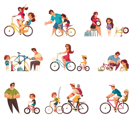 Cycle family icons set with sport and recreation symbols flat isolated vector illustration