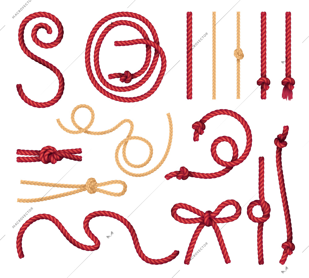 Red natural jute rope straight and curvy pieces with marine bowline butterfly knots realistic set vector illustration