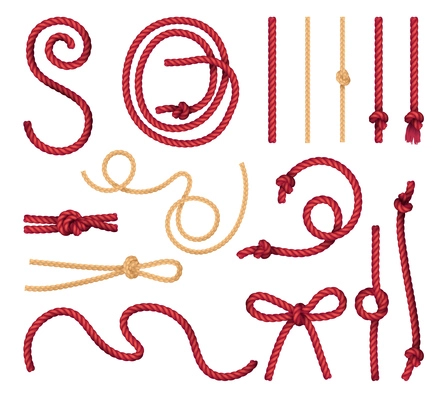 Red natural jute rope straight and curvy pieces with marine bowline butterfly knots realistic set vector illustration