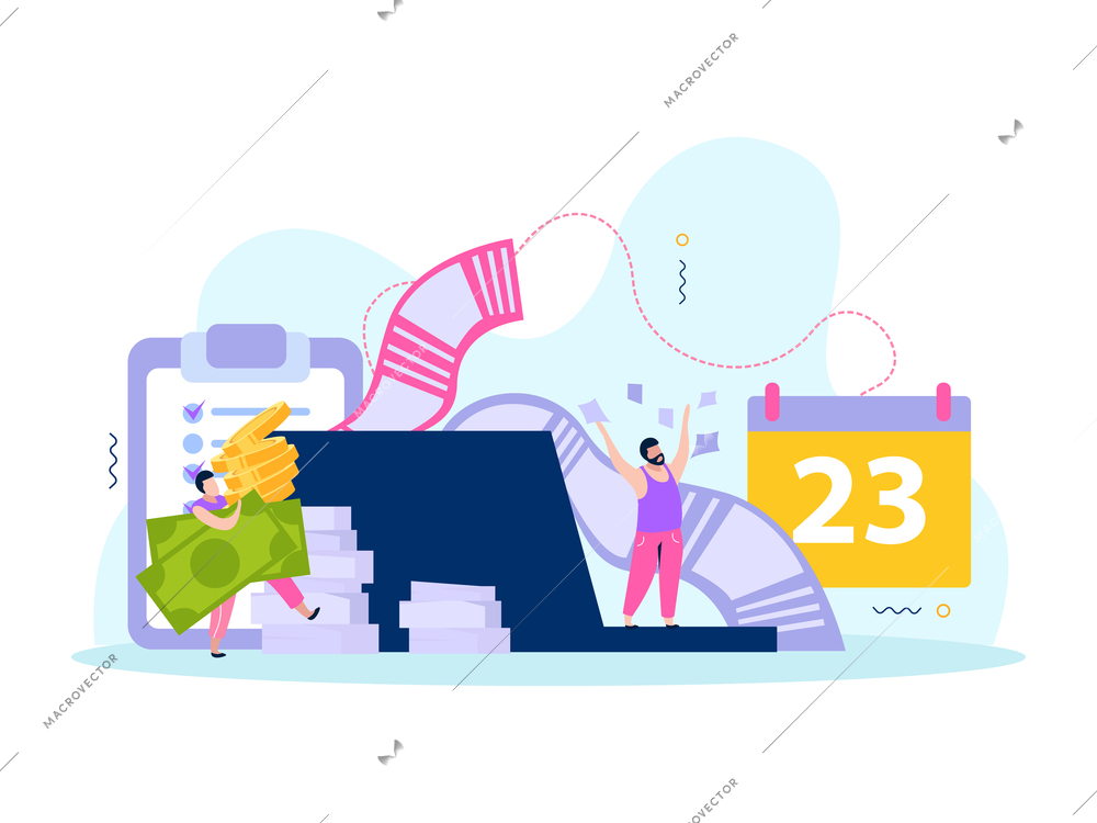 Monthly payments composition with flat images of money banknotes and coin piles with calendar and people vector illustration