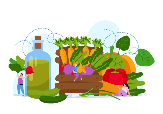 Harvesting flat background with composition of oil and vegetable images wooden box and small human characters vector illustration