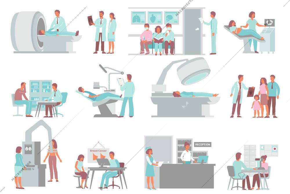 Set of isolated medical diagnostic compositions of medical apparatus icons reception furniture flat doctors and patients vector illustration