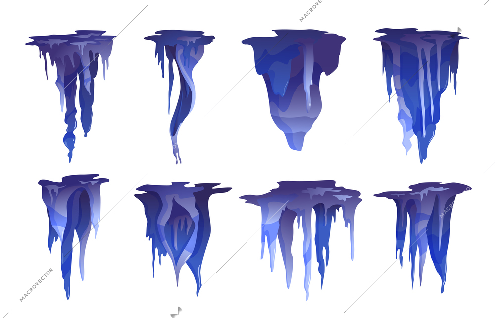 Stalactite icicle shaped hanging from caves ceilings mineral formations varieties cobalt blue realistic set isolated vector illustration