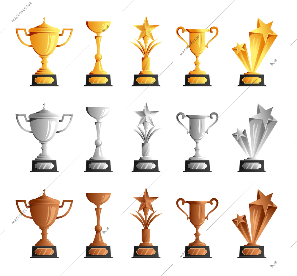 Competitions championships winners prizes awards trophies cups gold silver bronze  realistic set white background isolated vector composition