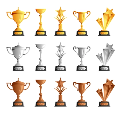 Competitions championships winners prizes awards trophies cups gold silver bronze  realistic set white background isolated vector composition