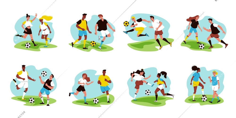 Flat compositions set with male and female players during football match isolated vector illustration