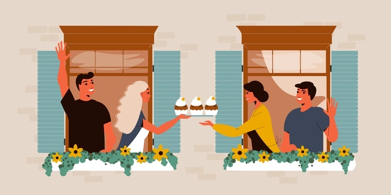 Neighbours in windows greeting each other and one couple helping another to cupcakes flat vector illustration