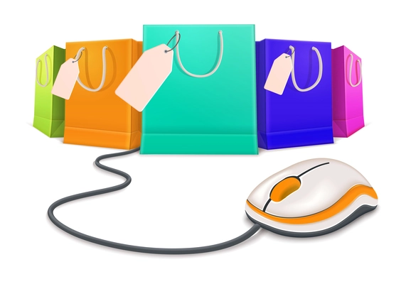 Shopping bag realistic composition of computer mouse wire connected to colorful paper bags images vector illustration