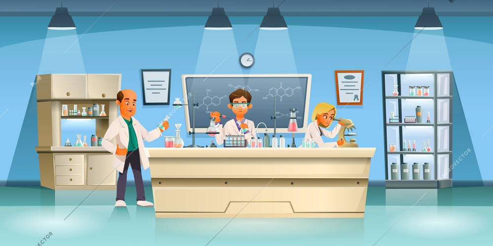 Scientists cartoon composition with indoor scenery cabinets with jars blackboard and scientists performing experiment vector illustration