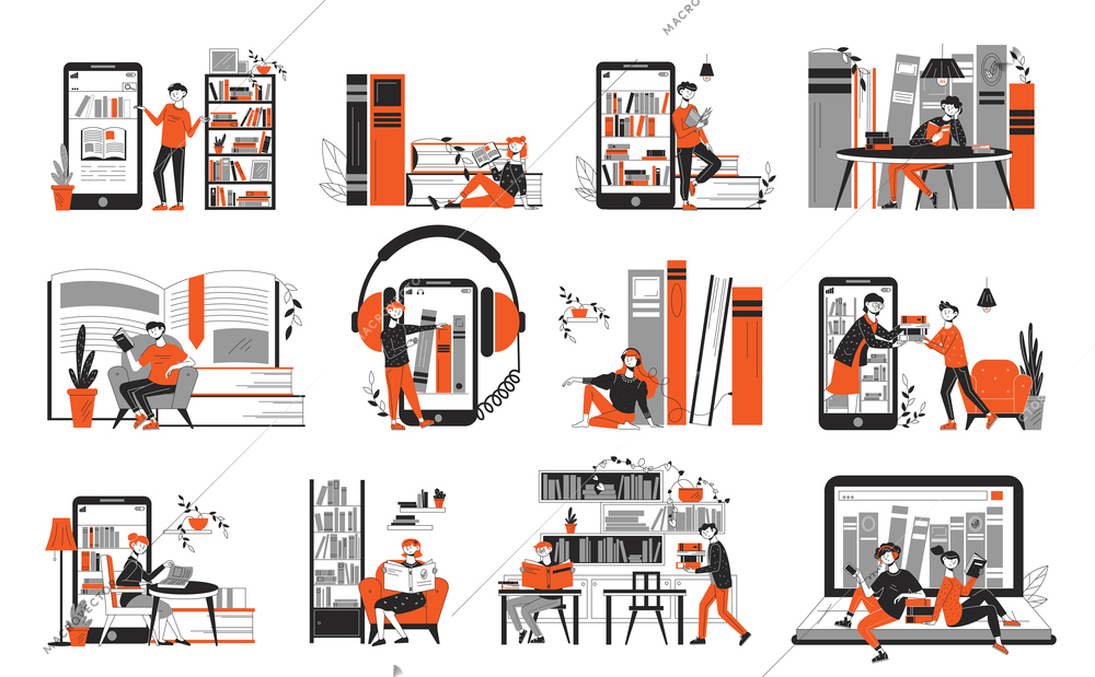 Online library icon set abstract bookshelf on smartphone screen people and audiobook reading room and visitors vector illustration