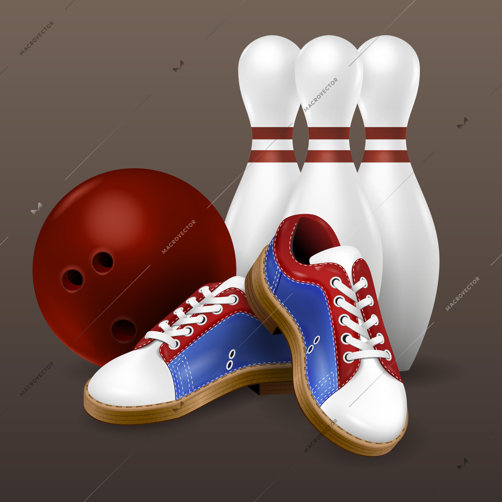 Realistic bowling composition with images of colorful shoes and ball with standing pins on grey background vector illustration