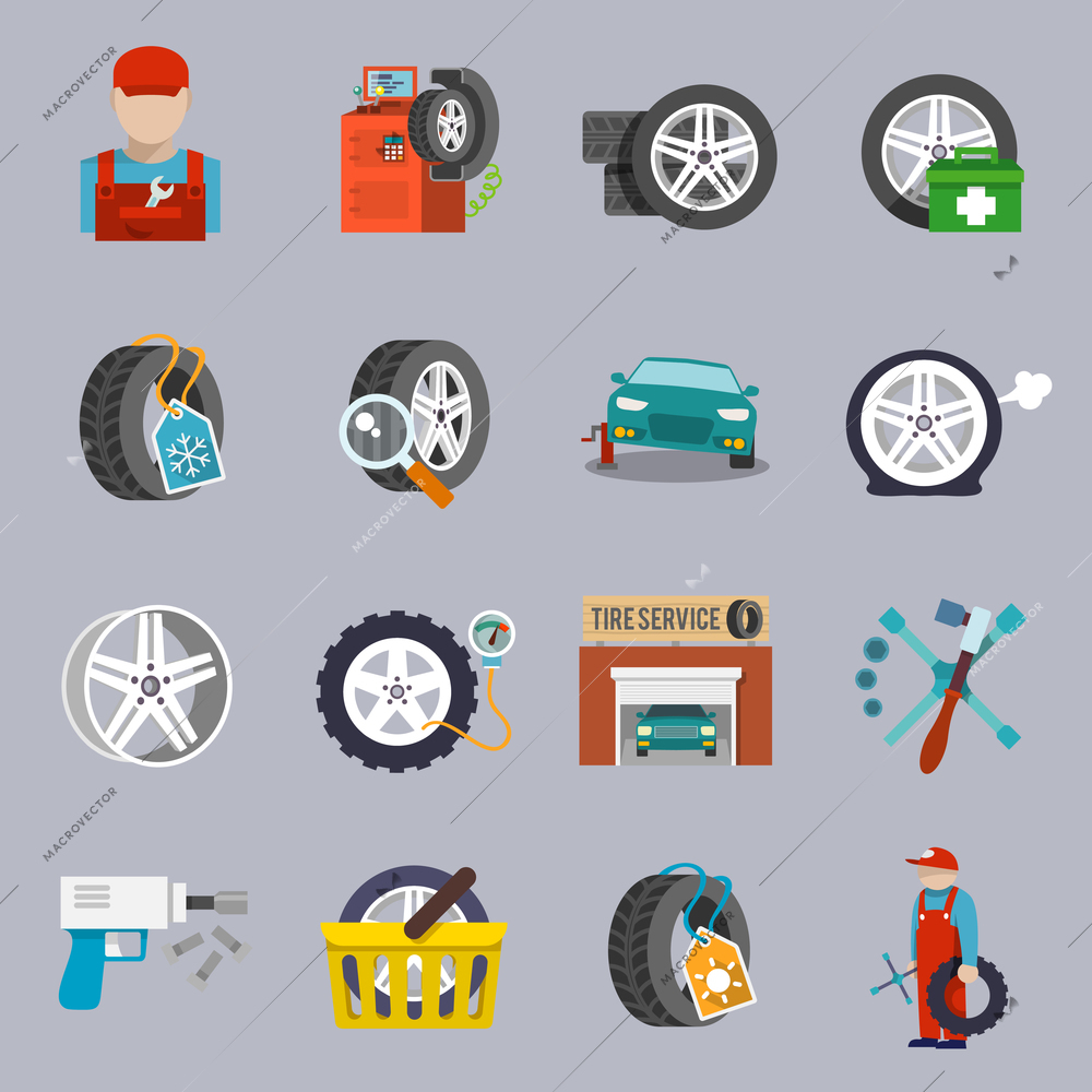 Tire service car auto mechanic repair icons flat set isolated vector illustration