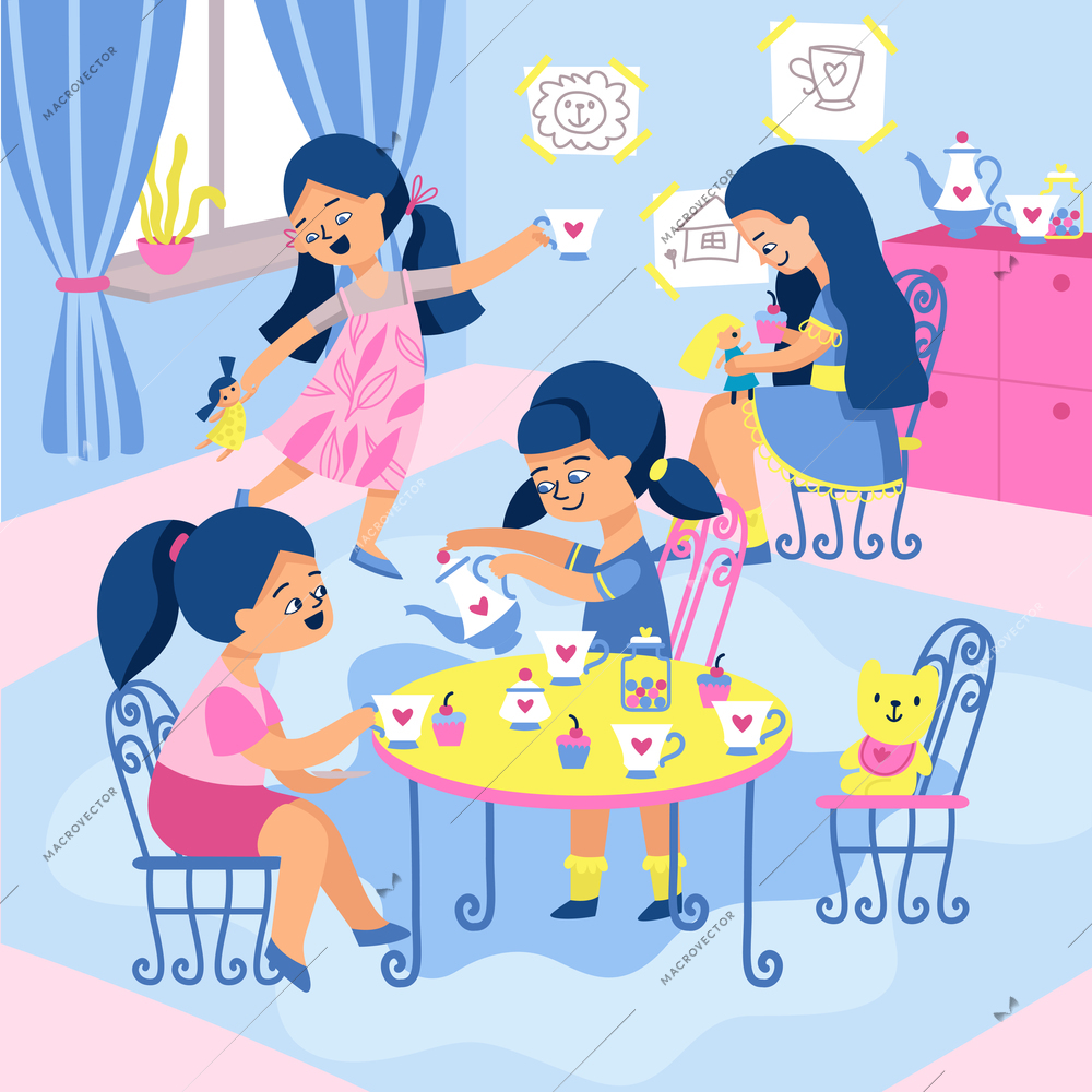 Kindergarten girls composition with characters of playing girls dolls and tea set with cups and kettles vector illustration