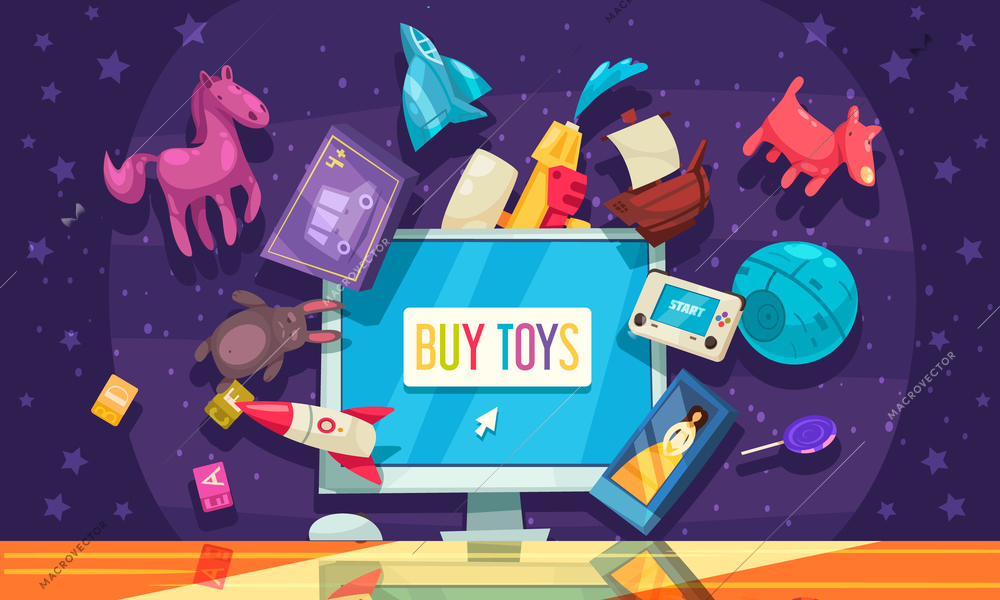 Online toys shop cartoon composition with playthings collection around computer at star sky background vector illustration