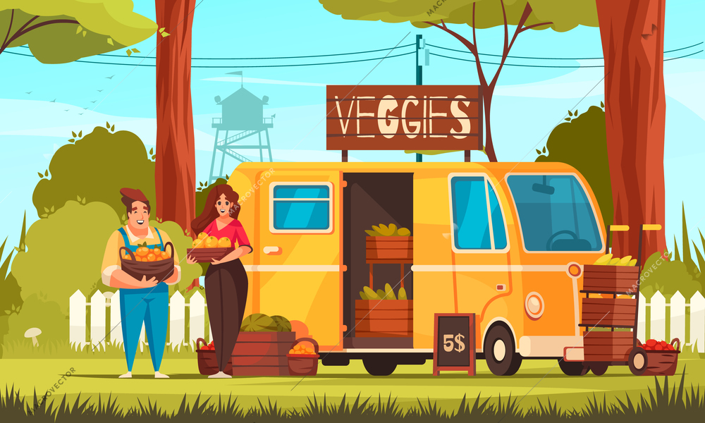 Small business flat background with two woman selling farmers products brought by minibus cartoon vector illustration