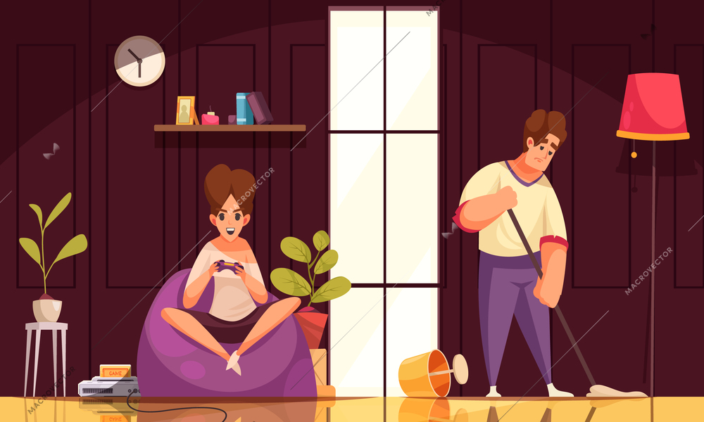 Family daily routine cartoon background with wife sitting in armchair playing computer game and husband cleaning floor flat vector illustration