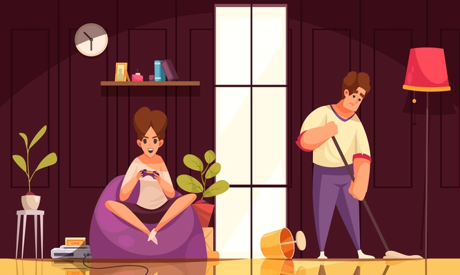 Family daily routine cartoon background with wife sitting in armchair playing computer game and husband cleaning floor flat vector illustration