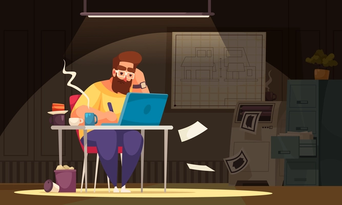 Architect designing project cartoon office composition with man at his workplace working overtime flat vector illustration