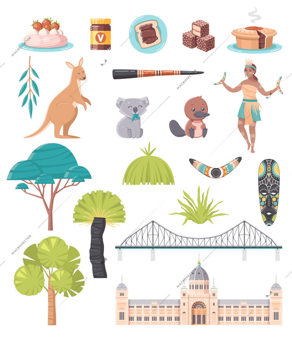 Australian national symbols flat set of didjeridoo boomerang koala kangaroo vegemite story bridge royal exhibition centre in melbourne isolated cartoon icons vector illustration