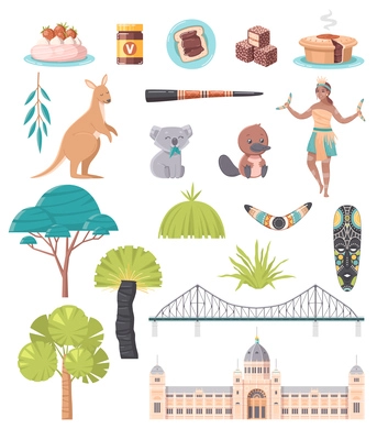 Australian national symbols flat set of didjeridoo boomerang koala kangaroo vegemite story bridge royal exhibition centre in melbourne isolated cartoon icons vector illustration