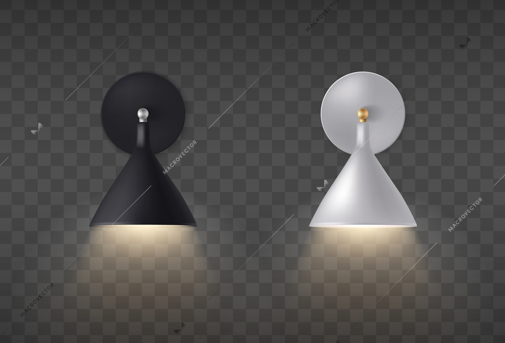 Black and white sconce realistic composition with two wall lamps on transparent vector illustration