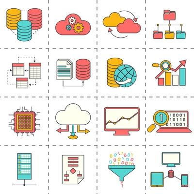 Data analysis digital analytics icons flat line set isolated vector illustration