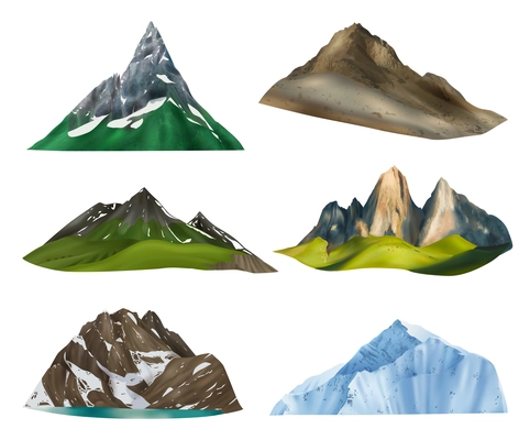 Realistic mountains set of six isolated images with cliff ranges on various weather seasons and height vector illustration