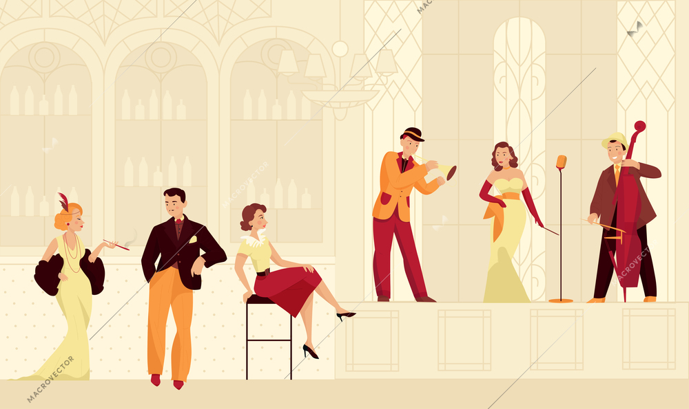 Retro twenties restaurant composition with characters of musicians and visitors in vintage outfits with stage background vector illustration