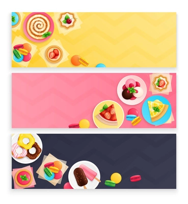 Desserts sweets 3 horizontal background banners set with doughnuts strawberry cake ice cream macarons assortment vector illustration