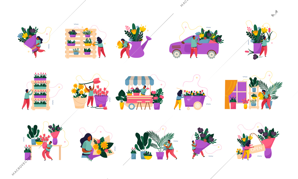 Flower shop recolor set with delivery symbols flat isolated vector illustration