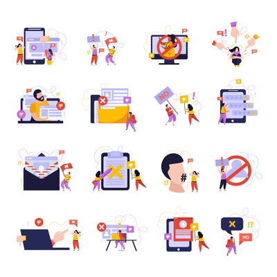 Cancel culture icons set with protest communication symbols flat isolated vector illustration