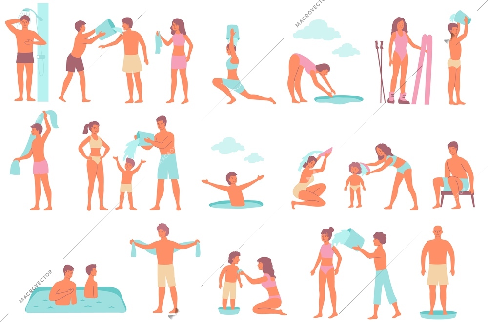 Hardening winter swim set of flat icons and isolated human characters bathing with towels and ice vector illustration